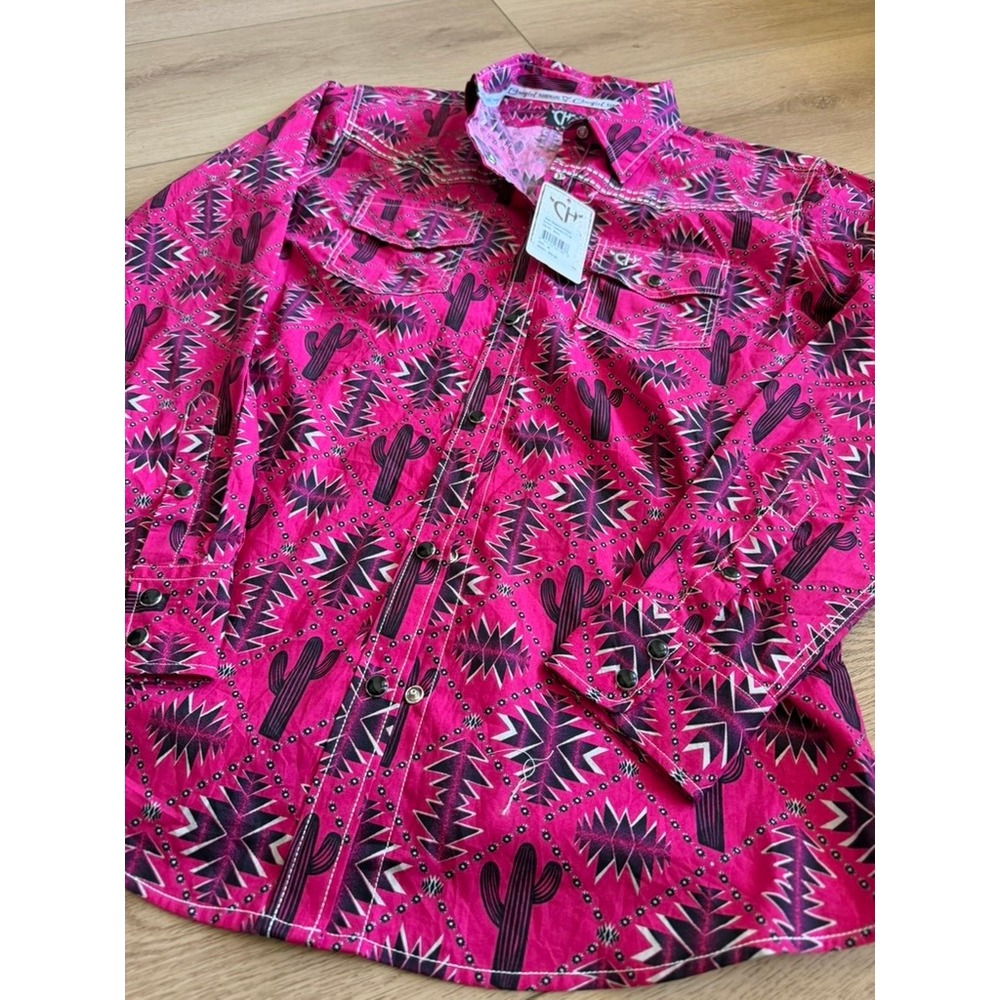 Cowgirl Hardware Womens Berry Pink Aztec Saguaro Cactus Western Snap Shirt M NEW - Picture 7 of 7